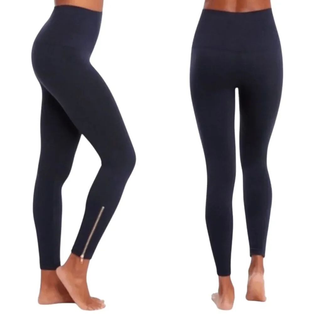 SPANX Look At Me Now Seamless Side Zip Navy Leggings Size Large